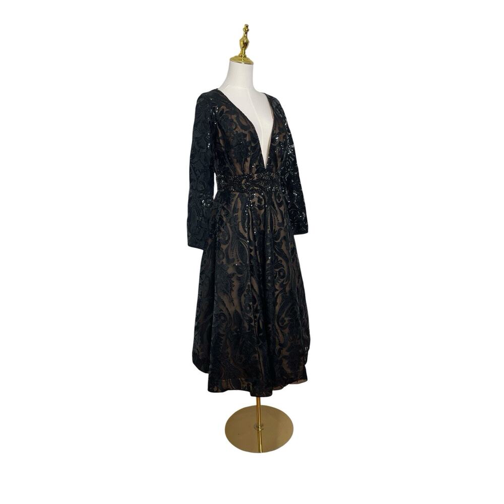Mac Duggal 67529 Black Nude Sequin Long Sleeve V-Neck Midi Dress Size 6 $598 - Picture 4 of 7